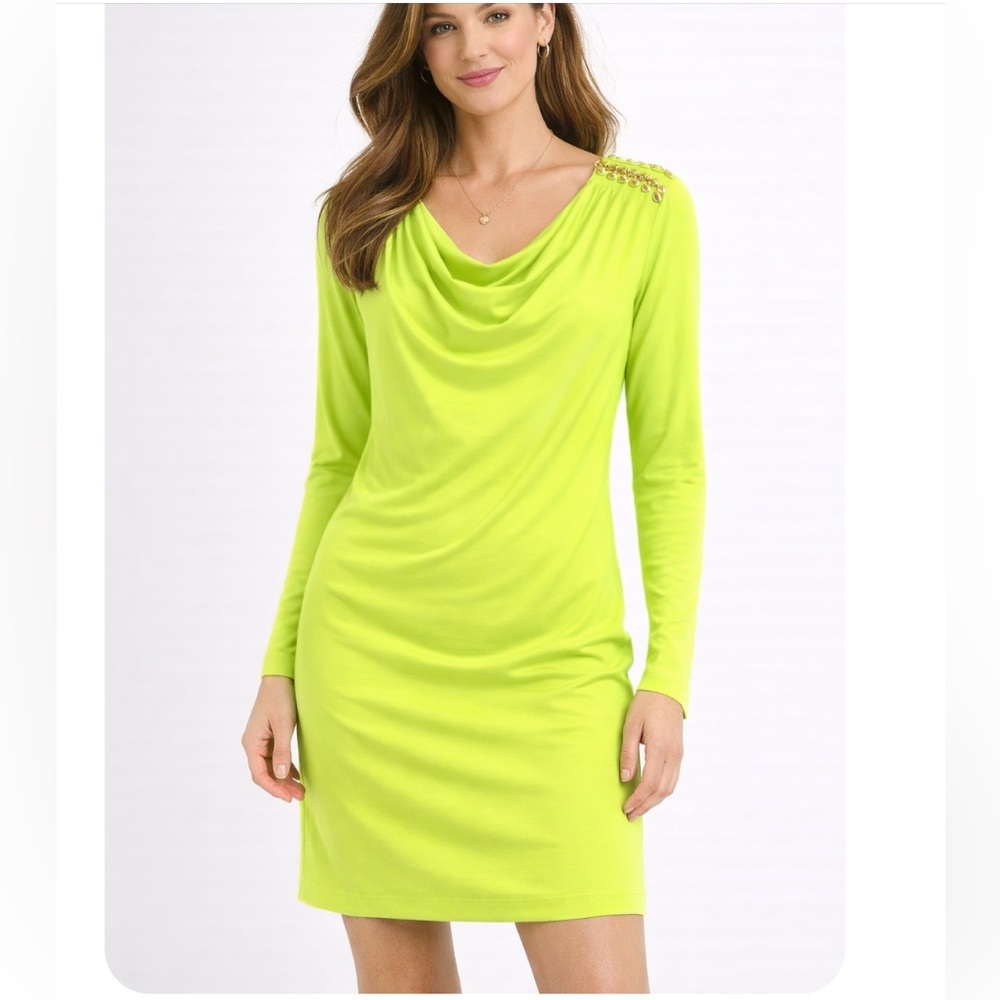 MICHAEL Michael Kors Lime Green Long Sleeve Cowl Neck Dress